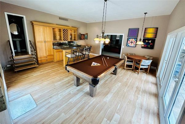 Billiard Table, Dining room, Game Room, Interior, Pendant Lights, Wood Texture Flooring