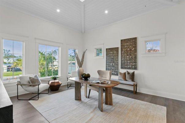 Home Office, Interior, Living room, Recessed Lighting, Wood Texture Flooring