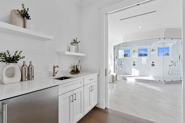 Interior, Kitchen, Marble, Recessed Lighting, Wood Texture Flooring