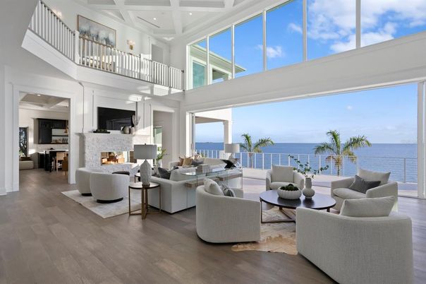 Fireplace, Interior, Living room, Recessed Lighting, Water, Wood Texture Flooring