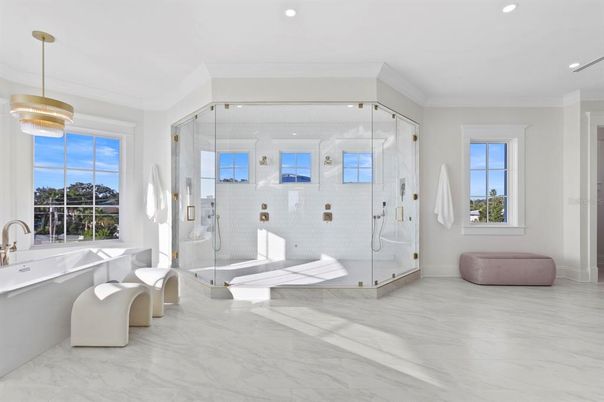 Bathroom, Glass Shower, Interior, Marble, Pendant Lights, Recessed Lighting