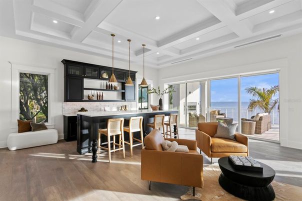Interior, Kitchen, Living room, Pendant Lights, Recessed Lighting, Water, Wood Texture Flooring
