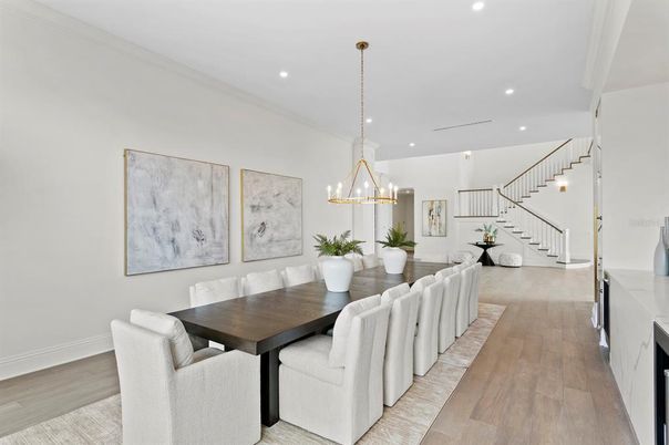 Dining room, Interior, Pendant Lights, Recessed Lighting, Wood Texture Flooring