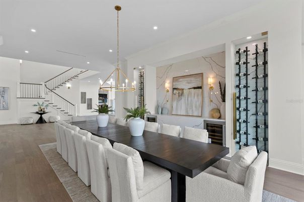 Chandelier, Dining room, Interior, Pendant Lights, Recessed Lighting, Wine Storage, Wood Texture Flooring