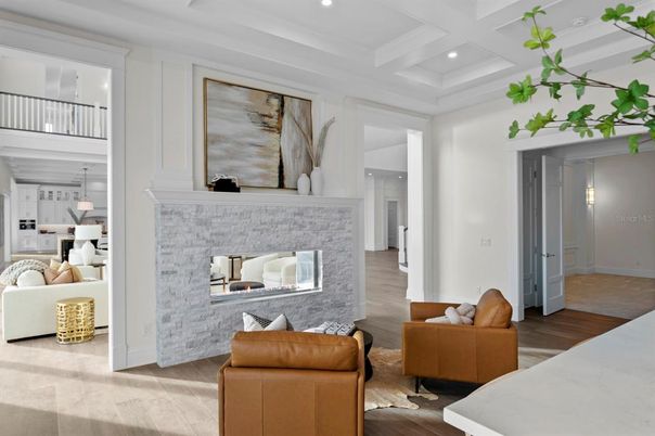 Fireplace, Interior, Living room, Recessed Lighting, Wood Texture Flooring