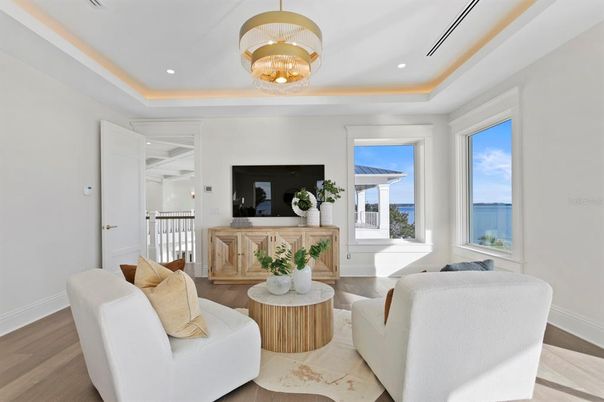 Chandelier, Interior, Living room, Recessed Lighting, Water, Wood Texture Flooring