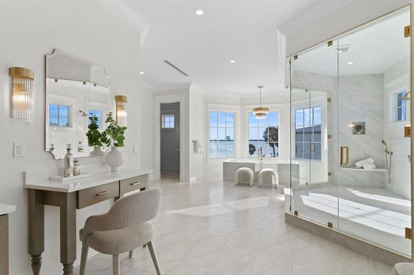 Bathroom, Glass Shower, Interior, Marble, Marble Walls, Pendant Lights, Recessed Lighting