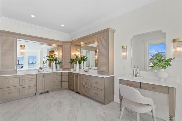 Bathroom, Dual Sink Vanities, Interior, Marble, Recessed Lighting