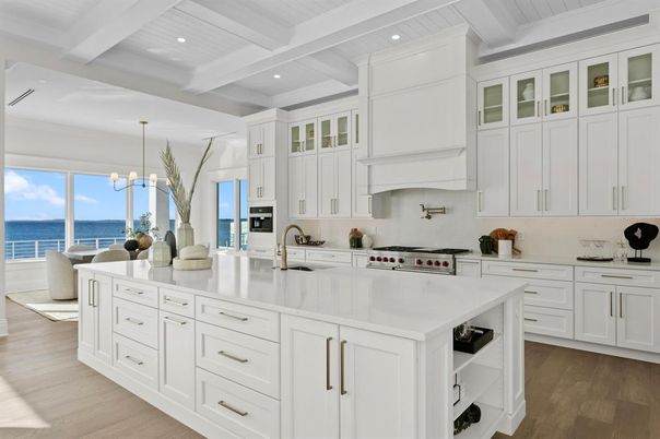 Interior, Kitchen, Pendant Lights, Recessed Lighting, Stainless Steel Appliances, Water, Wood Texture Flooring