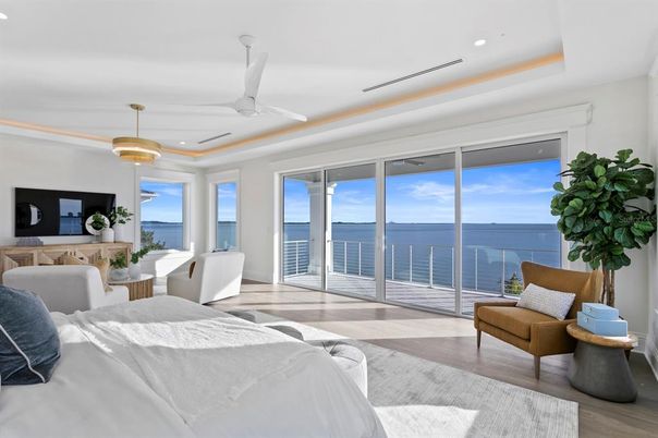 Bedroom, Interior, Pendant Lights, Recessed Lighting, Water, Wood Texture Flooring