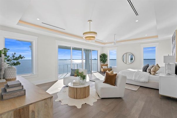 Bedroom, Interior, Living room, Pendant Lights, Recessed Lighting, Water, Wood Texture Flooring