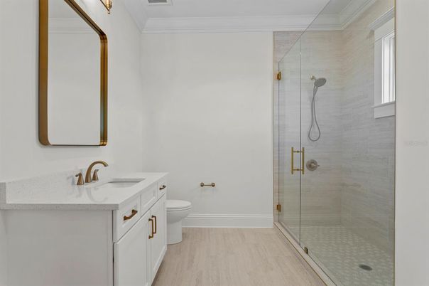 Bathroom, Glass Shower, Interior, Wood Texture Flooring