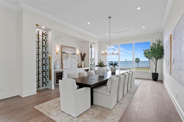 Dining room, Interior, Pendant Lights, Recessed Lighting, Water, Wood Texture Flooring