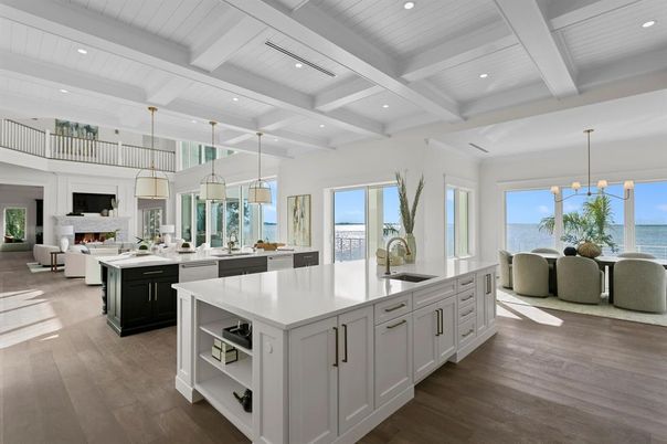 Fireplace, Interior, Kitchen, Living room, Pendant Lights, Recessed Lighting, Water, Wood Texture Flooring