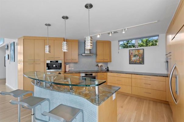Interior, Kitchen, Pendant Lights, Stainless Steel Appliances, Wood Texture Flooring