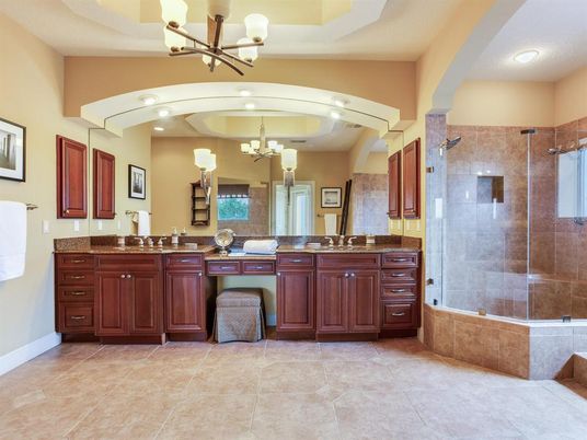 Bathroom, Chandelier, Dual Sink Vanities, Glass Shower, Interior, Recessed Lighting