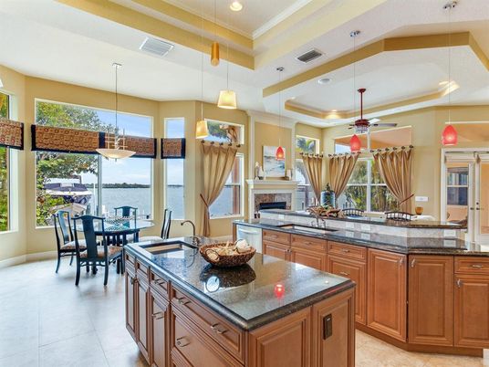 Dining room, Fireplace, Interior, Kitchen, Pendant Lights, Recessed Lighting, Water