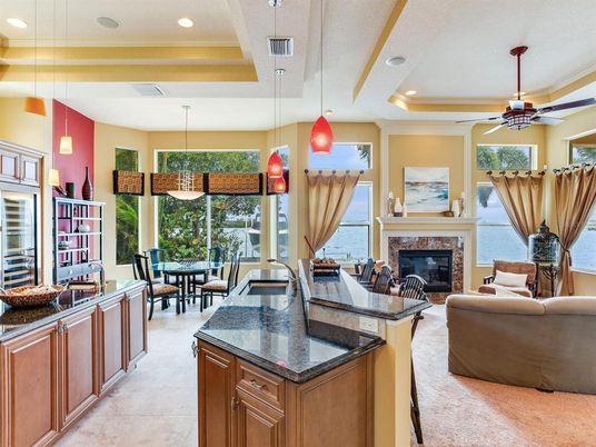 Dining room, Fireplace, Interior, Living room, Pendant Lights, Recessed Lighting