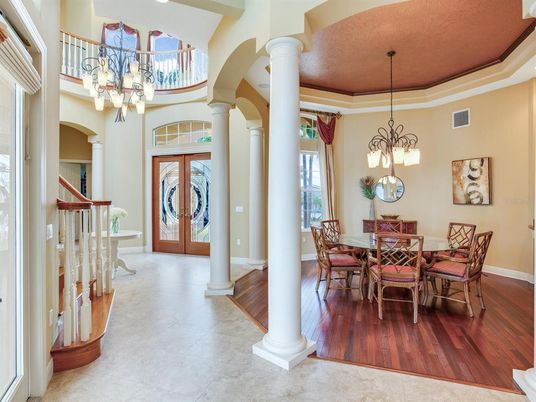 Chandelier, Dining room, Interior, Pendant Lights, Wood Texture Flooring