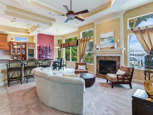 Dining room, Fireplace, Interior, Living room, Pendant Lights, Recessed Lighting