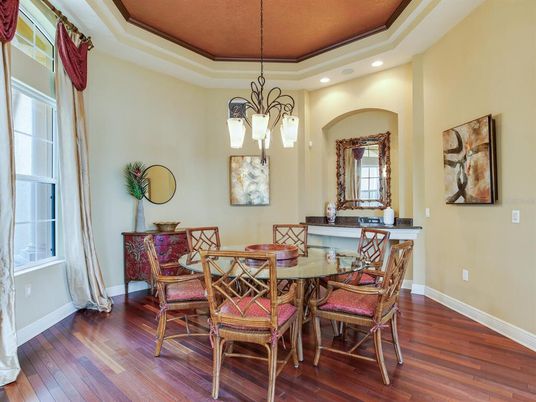 Chandelier, Dining room, Interior, Pendant Lights, Recessed Lighting, Wood Texture Flooring