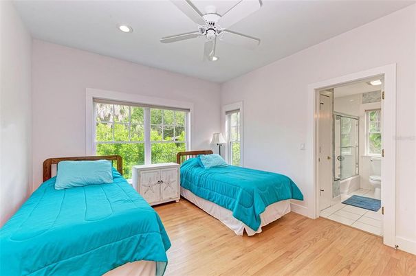 Bathroom, Bedroom, Glass Shower, Interior, Recessed Lighting, Wood Texture Flooring