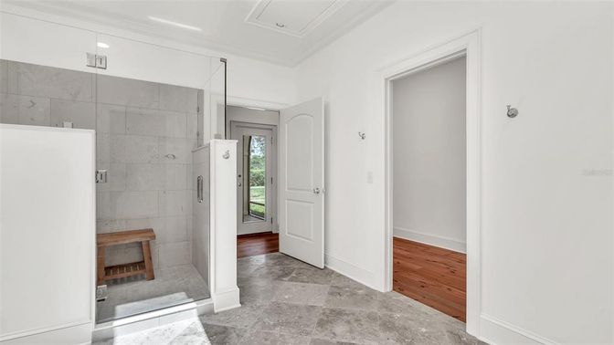 Bathroom, Glass Shower, Interior, Recessed Lighting, Wood Texture Flooring
