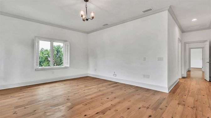 Empty room, Interior, Pendant Lights, Recessed Lighting, Wood Texture Flooring