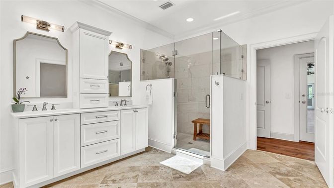 Bathroom, Dual Sink Vanities, Glass Shower, Interior, Recessed Lighting, Wood Texture Flooring