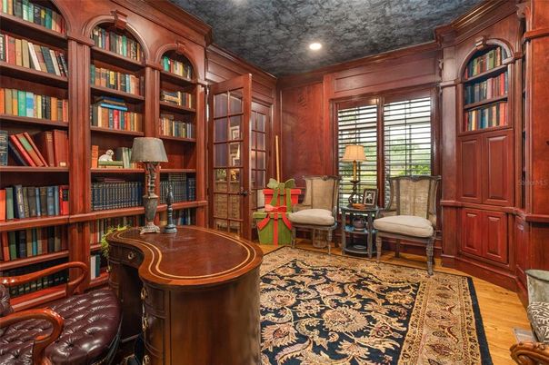 Home Office, Interior, Recessed Lighting, Wood Texture Flooring, Wooden Walls