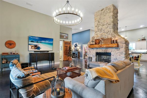 Fireplace, Interior, Living room, Pendant Lights, Recessed Lighting, Stone Walls, Wood Texture Flooring
