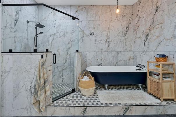 Bathroom, Free Standing Baths, Glass Shower, Interior, Marble Walls