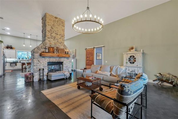 Fireplace, Interior, Living room, Pendant Lights, Recessed Lighting, Stone Walls