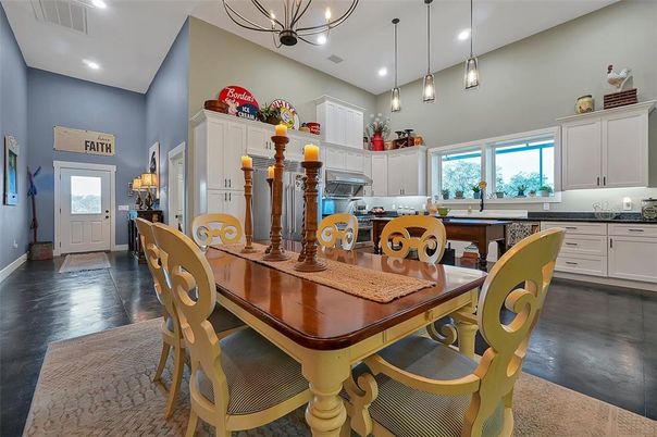 Dining room, Interior, Kitchen, Pendant Lights, Recessed Lighting, Wood Texture Flooring