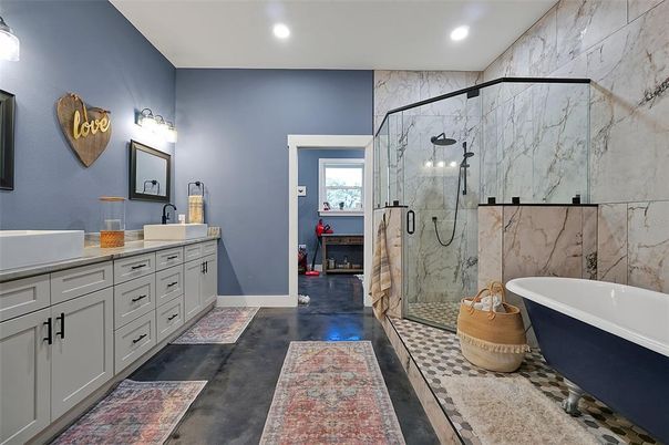 Bathroom, Dual Sink Vanities, Free Standing Baths, Glass Shower, Interior, Marble Walls, Recessed Lighting