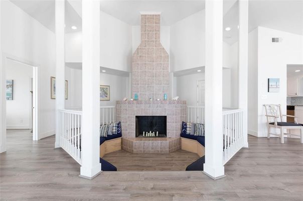 Fireplace, Interior, Recessed Lighting, Wood Texture Flooring