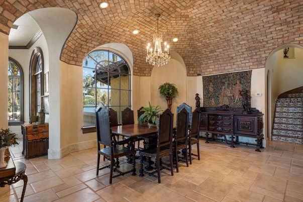 Chandelier, Dining room, Interior, Recessed Lighting, Stone Walls