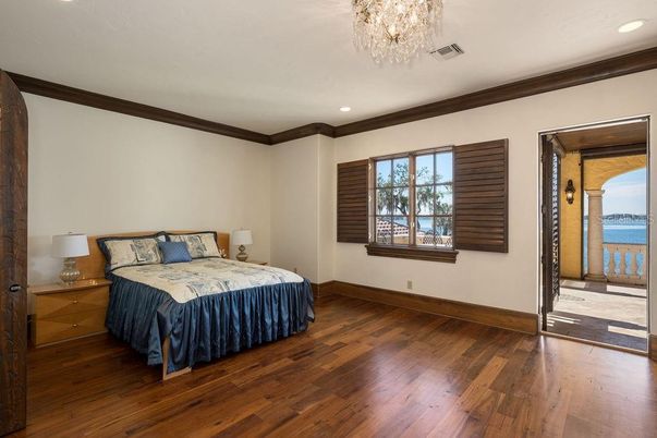 Bedroom, Chandelier, Interior, Recessed Lighting, Water, Wood Texture Flooring
