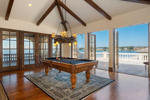 Billiard Table, Chandelier, Game Room, Interior, Recessed Lighting, Water, Wooden Beams, Wood Texture Flooring