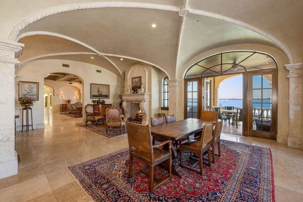 Dining room, Fireplace, Interior, Living room, Recessed Lighting, Water