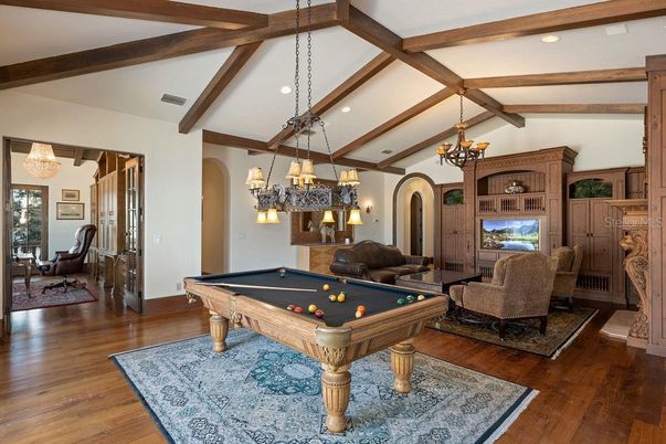 Billiard Table, Chandelier, Game Room, Interior, Recessed Lighting, Wooden Beams, Wood Texture Flooring