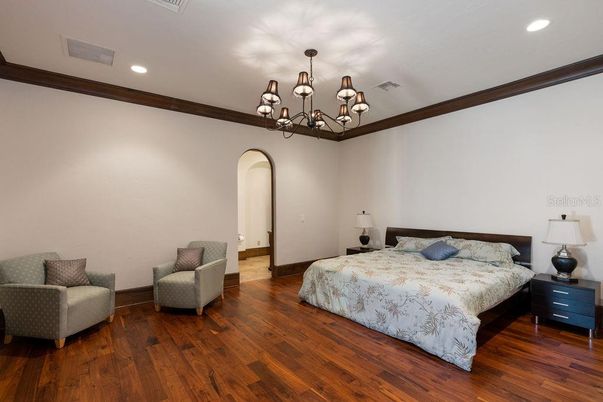 Bedroom, Chandelier, Interior, Recessed Lighting, Wood Texture Flooring