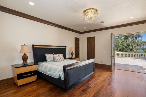 Bedroom, Chandelier, Interior, Recessed Lighting, Wood Texture Flooring