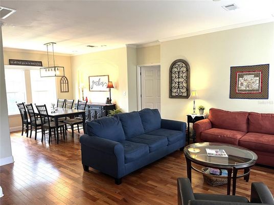 Dining room, Interior, Living room, Pendant Lights, Wood Texture Flooring