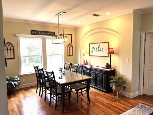 Dining room, Interior, Pendant Lights, Recessed Lighting, Wood Texture Flooring