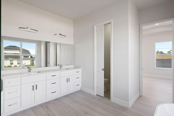 Bathroom, Dual Sink Vanities, Interior, Recessed Lighting, Wood Texture Flooring