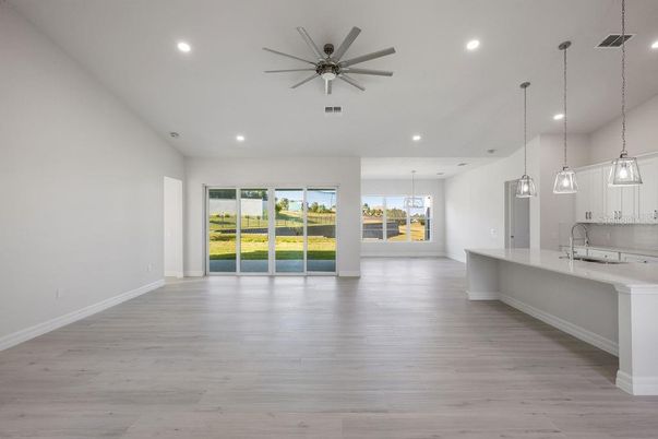 Empty room, Interior, Kitchen, Pendant Lights, Recessed Lighting, Wood Texture Flooring