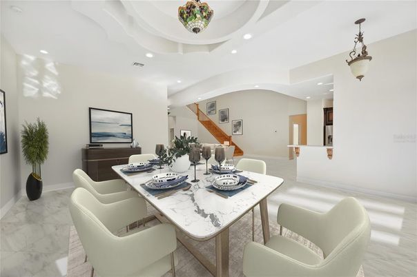 Dining room, Interior, Marble, Pendant Lights, Recessed Lighting