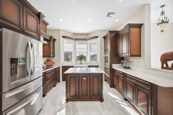 Interior, Kitchen, Marble, Pendant Lights, Recessed Lighting, Stainless Steel Appliances
