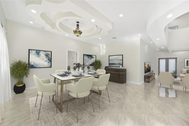 Dining room, Interior, Marble, Recessed Lighting